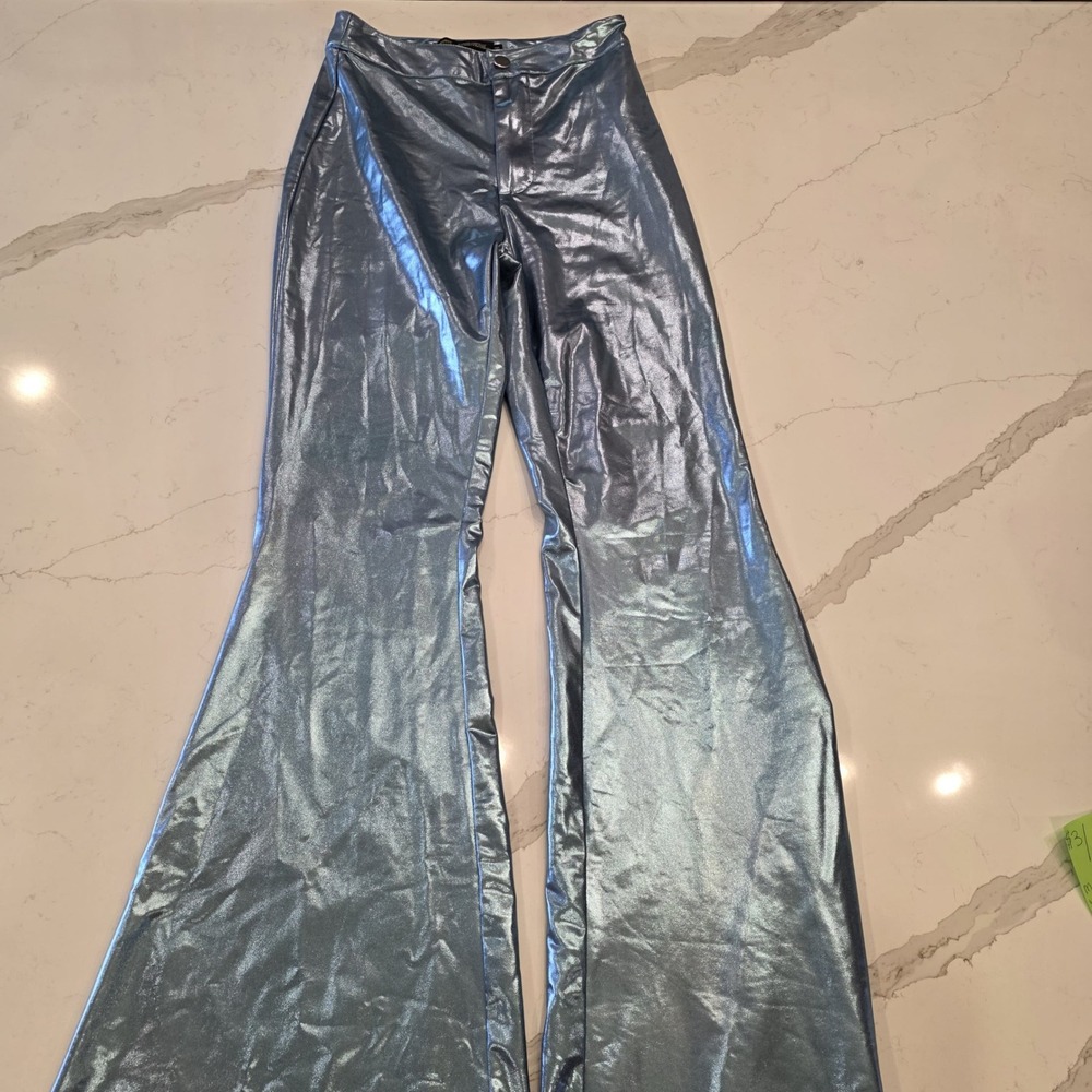 Metallic Flare Pants Womens XS‎ Blue Shiny Bell Bottom Y2K Festival Finesse